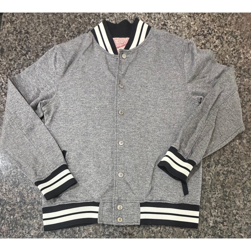 Brooklyn Cloth Mens XL Gray Varsity Bomber Jacket Fleece Snap Front Striped Trim
